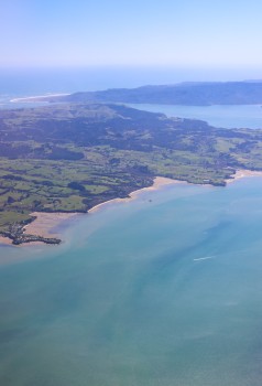 Aerial view of green fields and sea, NZ