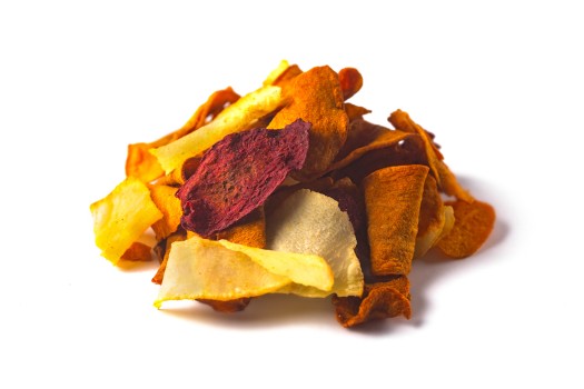 Multi-coloured chips on white background