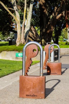 Rusty padlock and key sculptures
