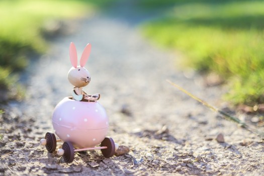 Pink Easter bunny toy driving a chariot