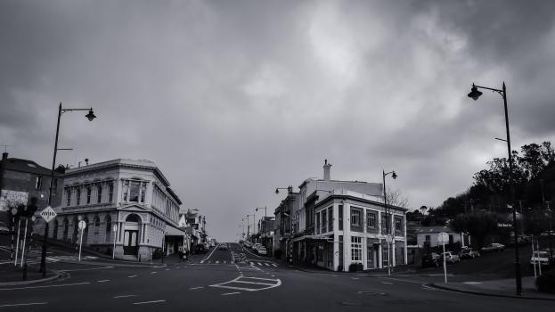 Cloudy day and urban landscape in New Zealand black and white