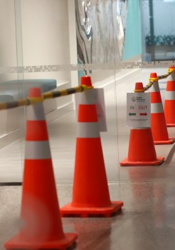 Caution cone divider in a hallway