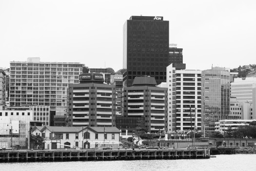 Pier and buildings black and white