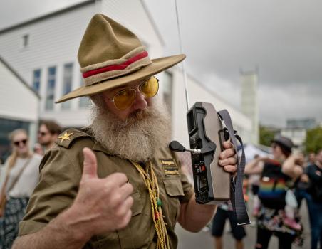 Old park ranger giving a thumbs up at Newtown festival 2021