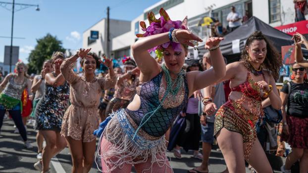 Women dancing in parade at Newtown Festival 2020