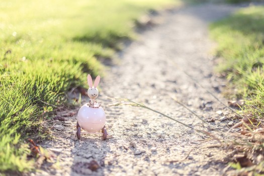 Pink Easter bunny toy on dirt path