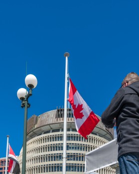 Protest Canada Flag on Parliament pole