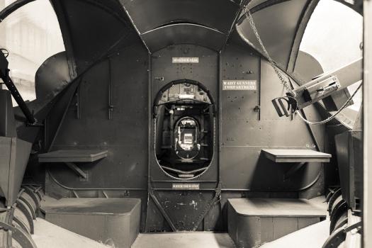 Warplane gunner station black and white