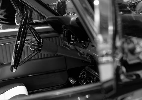 Classic Ford Mustang interior black and white