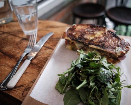 Cutlery grilled sandwich and greens at a cafe on Ponsonby street