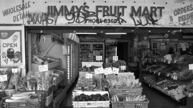 Stocked Jimmy's fruit mart in Newtown black and white
