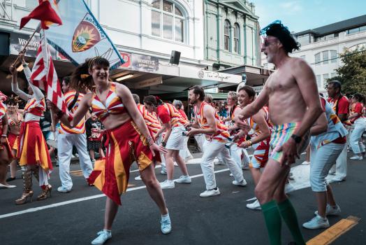 Batucada group performing in the street at Cuba Dupa festival 2021
