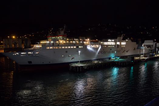 Interislander ferry docked at night
