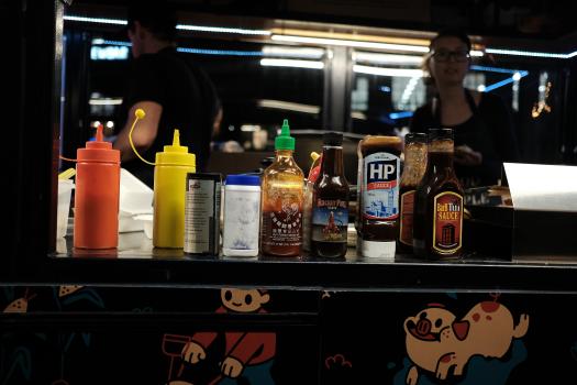 Condiments and sauces in the street food truck