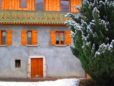 Traditional Bavarian country house and snow covered Cypress tree Swiss Alps