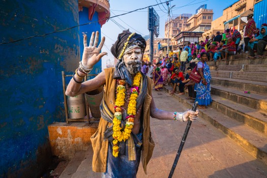 Sadhu with a cane and garland, India