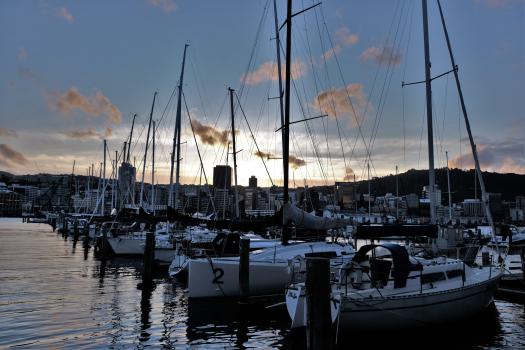 Boats docked at the marina at sunset