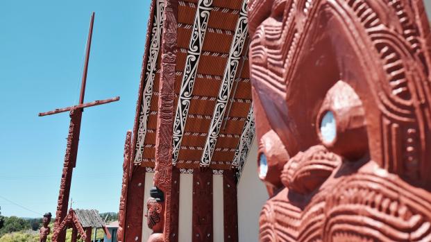 Maori architecture Church and blue sky at Whakarewarewa