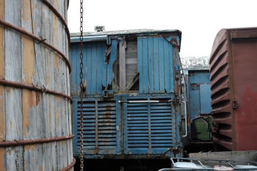 Abandoned old blue freight bogie