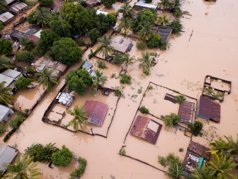Aerial of flooded village
