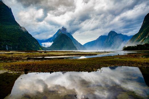 Milford Sound reflections in heavy rain