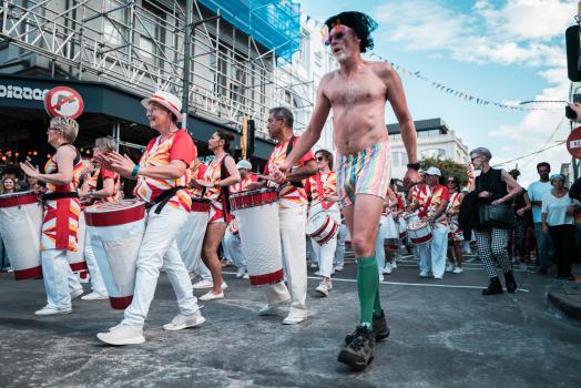 Old man in striped underwear and green socks at Cuba Dupa festival 2021