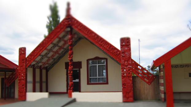 Marae with Maori totem center pillar near Pukehina