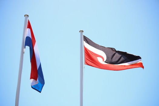 Hoisted Māori and Netherlands ensign
