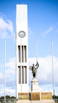 Hopwood clock tower behind The Cenotaph