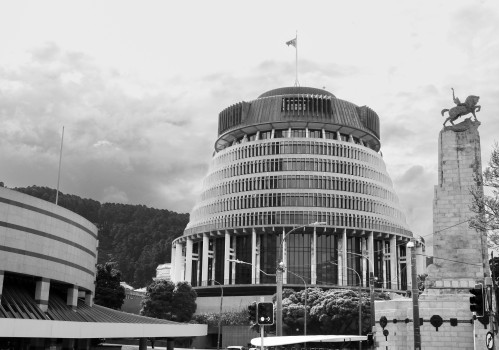 The Beehive and Wellington Cenotaph B&W