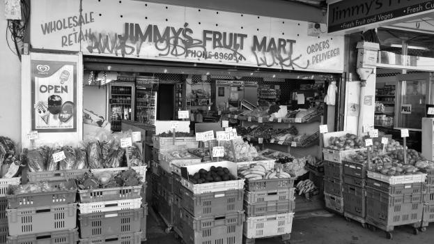 Fully stocked Jimmy's fruit mart monochrome