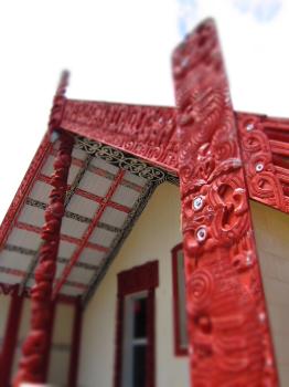Maori cultural carving on Marae architecture near Pukehina