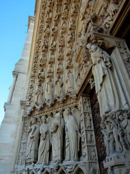 Carved sculptures at the entrance of Cathedral Notre Dame Paris