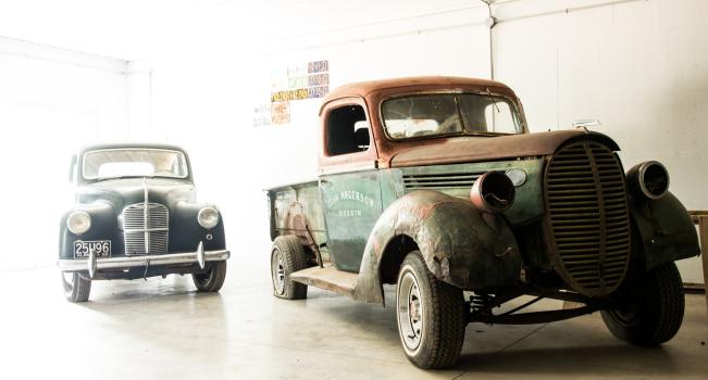 Old cars in a garage