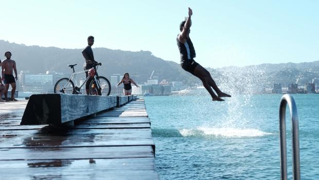 Guy dive bombing from pier into water