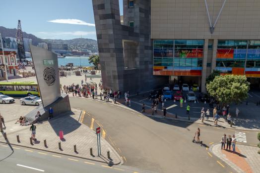People in the street witnessing a pop up opera performance te papa