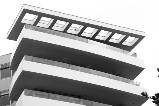 Modern building fascia and balconies B&W