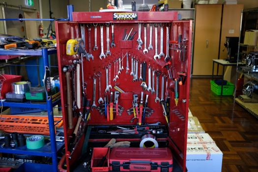 Tool set collection in a red toolbox