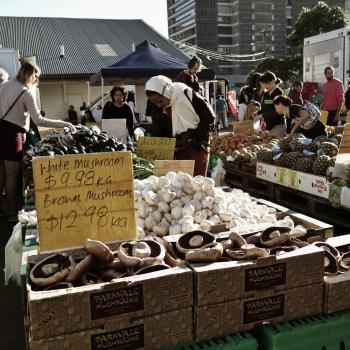 Mushrooms and other produce at fruit & vegetable market