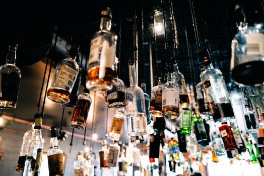 Liquor Bottles hanging from the ceiling