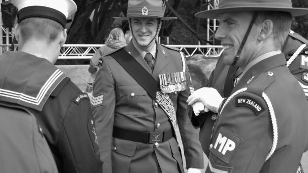 New Zealand Military and Navy officers at National War Memorial monochrome