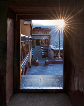 Thikse Monastery courtyard and sunrays