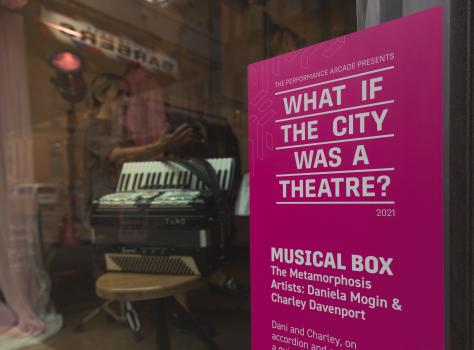 What if the city was a theatre? poster on a shop's glass