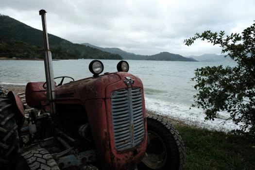 Old red Massey Ferguson 35 tractor at a beach in Raetihi