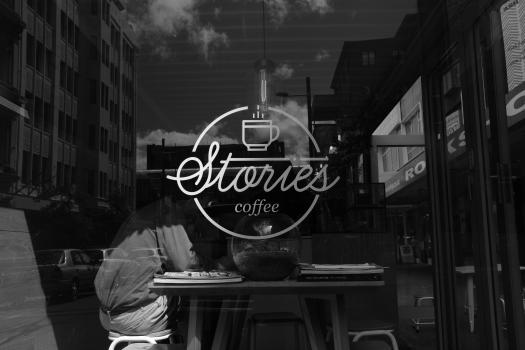 Reflection on stories coffee shop monochrome