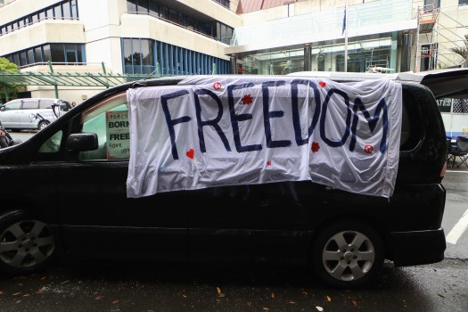 Freedom banner on minivan - Convoy 2022