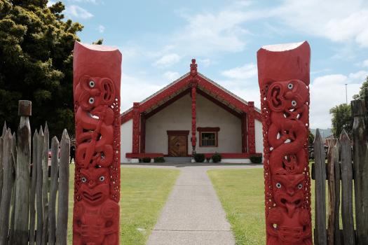 A Polynesian temple Marae Maori carving grass
