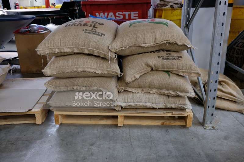 Coffee bean sacks on pallet at the coffee warehouse