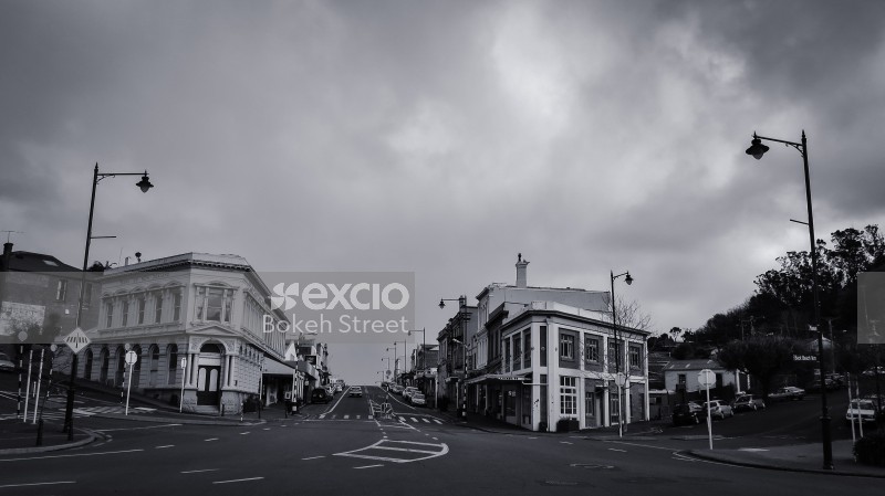 Cloudy day and urban landscape in New Zealand black and white