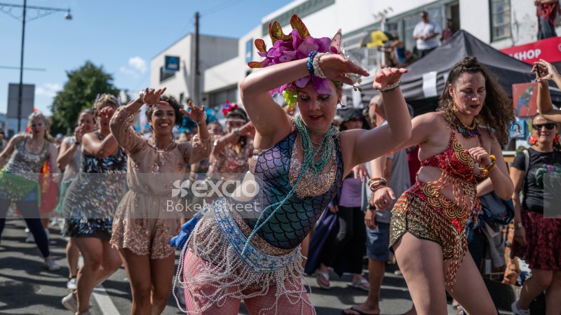Women dancing in parade at Newtown Festival 2020